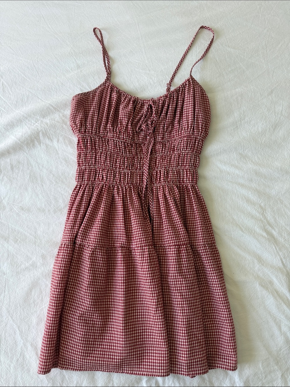 Smocked Gingham Spaghetti Strap Dress - Red